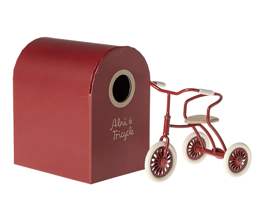 Abri à tricycle rouge et tricycle miniature rouge (2 pièces), accessoires pour poupées