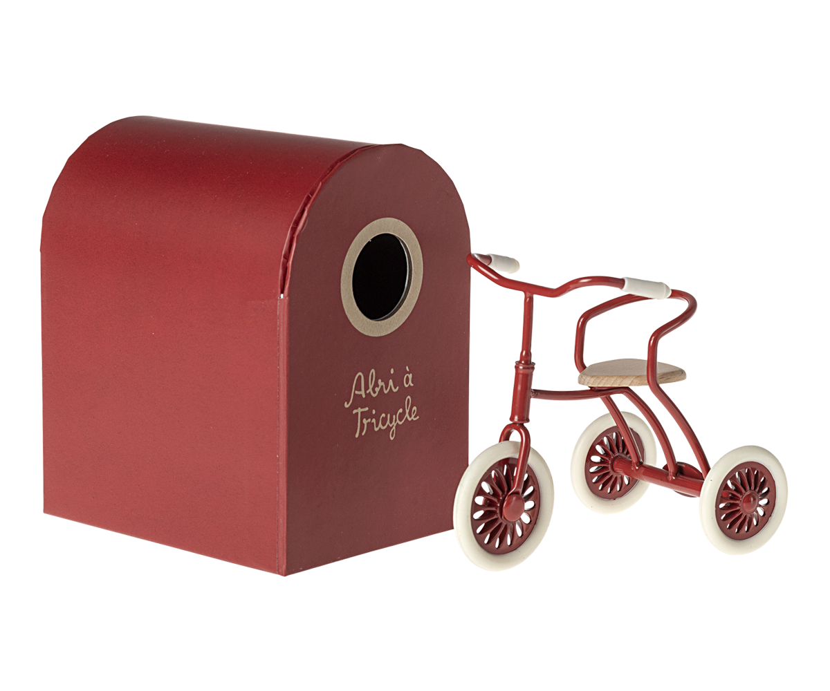 Abri à tricycle rouge et tricycle miniature rouge (2 pièces), accessoires pour poupées