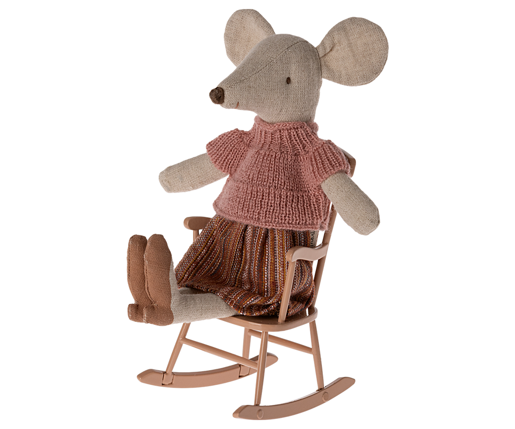 MAILEG rocking chair dark powder, dollhouse accessory featuring a plush mouse in a pink sweater.