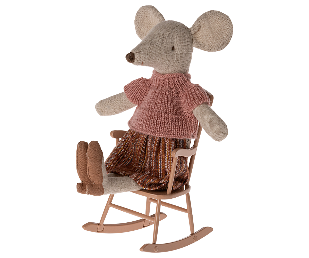 MAILEG rocking chair dark powder, dollhouse accessory featuring a plush mouse in a pink sweater.