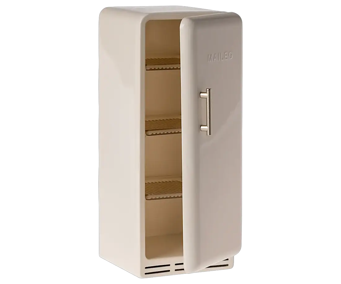 Maileg canapé miniature cream fridge with open door and shelves; dollhouse accessory.