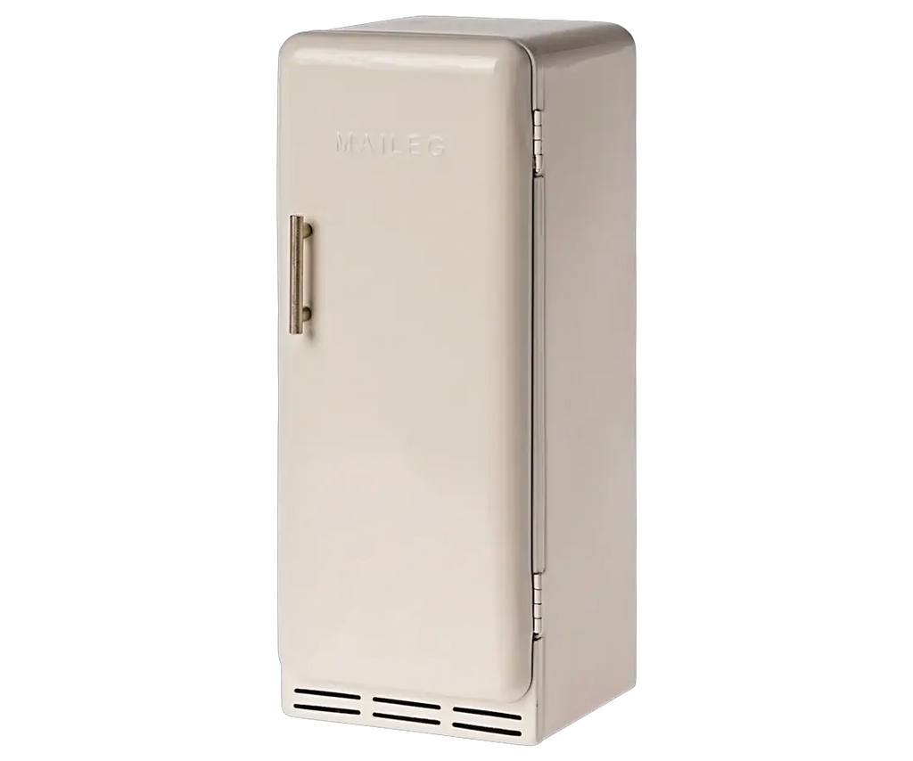 Maileg dollhouse fridge in cream with metal handle and vented base
