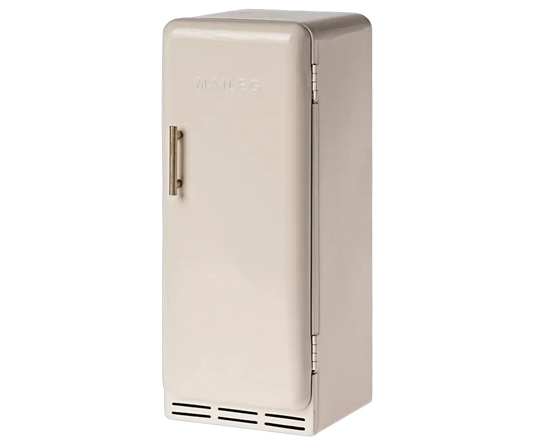 Maileg dollhouse fridge in cream with metal handle and vented base