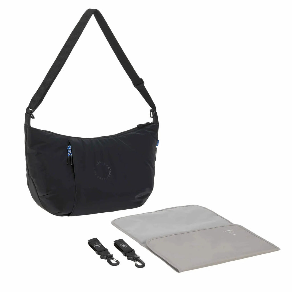 Sac à langer noir LÄSSIG lunua avec tapis à langer gris et sangles amovibles, logo Citron Grenadine visible