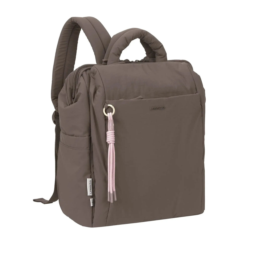 Sac à langer LÄSSIG Minoa chocolat avec cordons roses et logo LÄSSIG