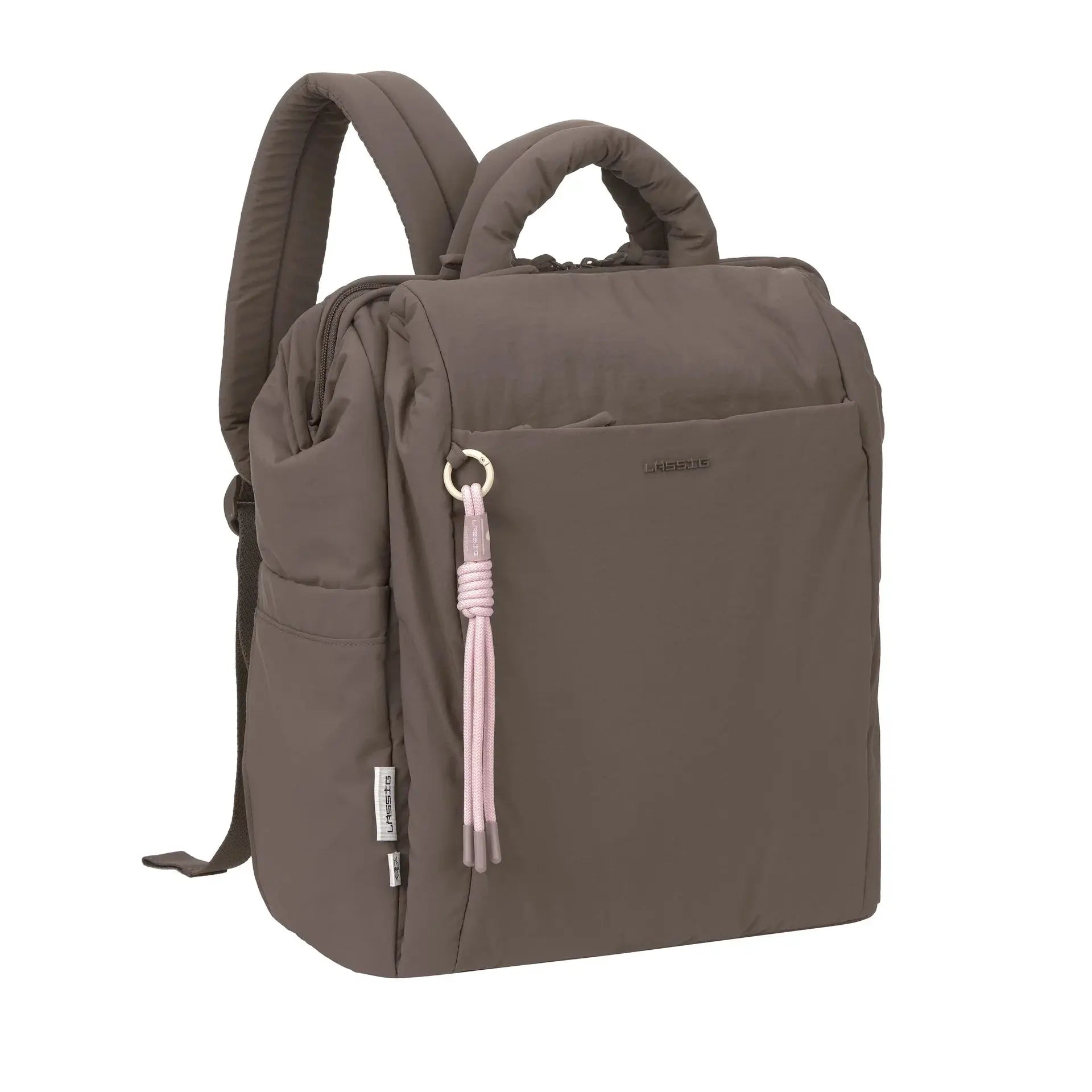 Sac à langer LÄSSIG Minoa chocolat avec cordons roses et logo LÄSSIG