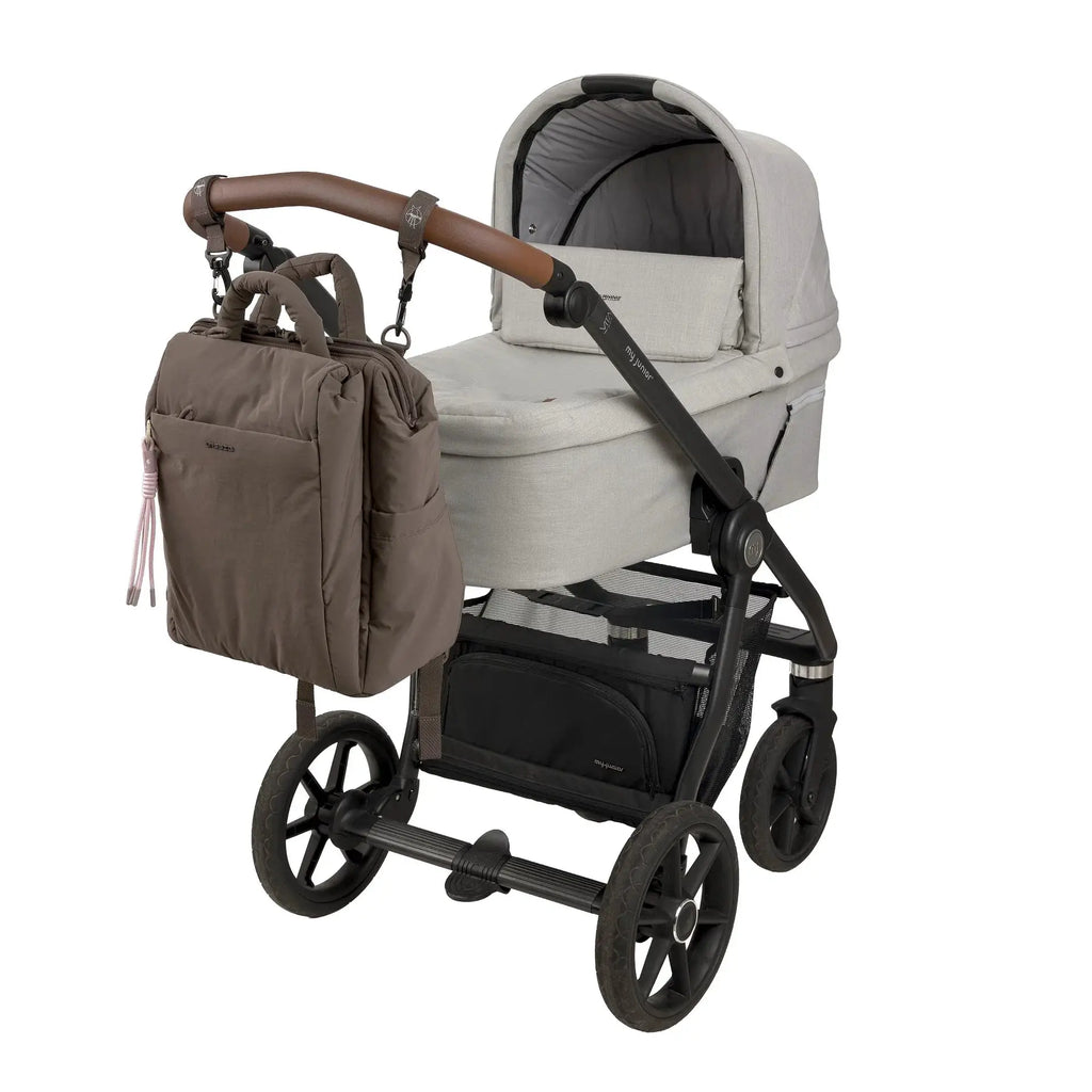 LÄSSIG minoa chocolate diaper bags set of 2 attached to gray stroller