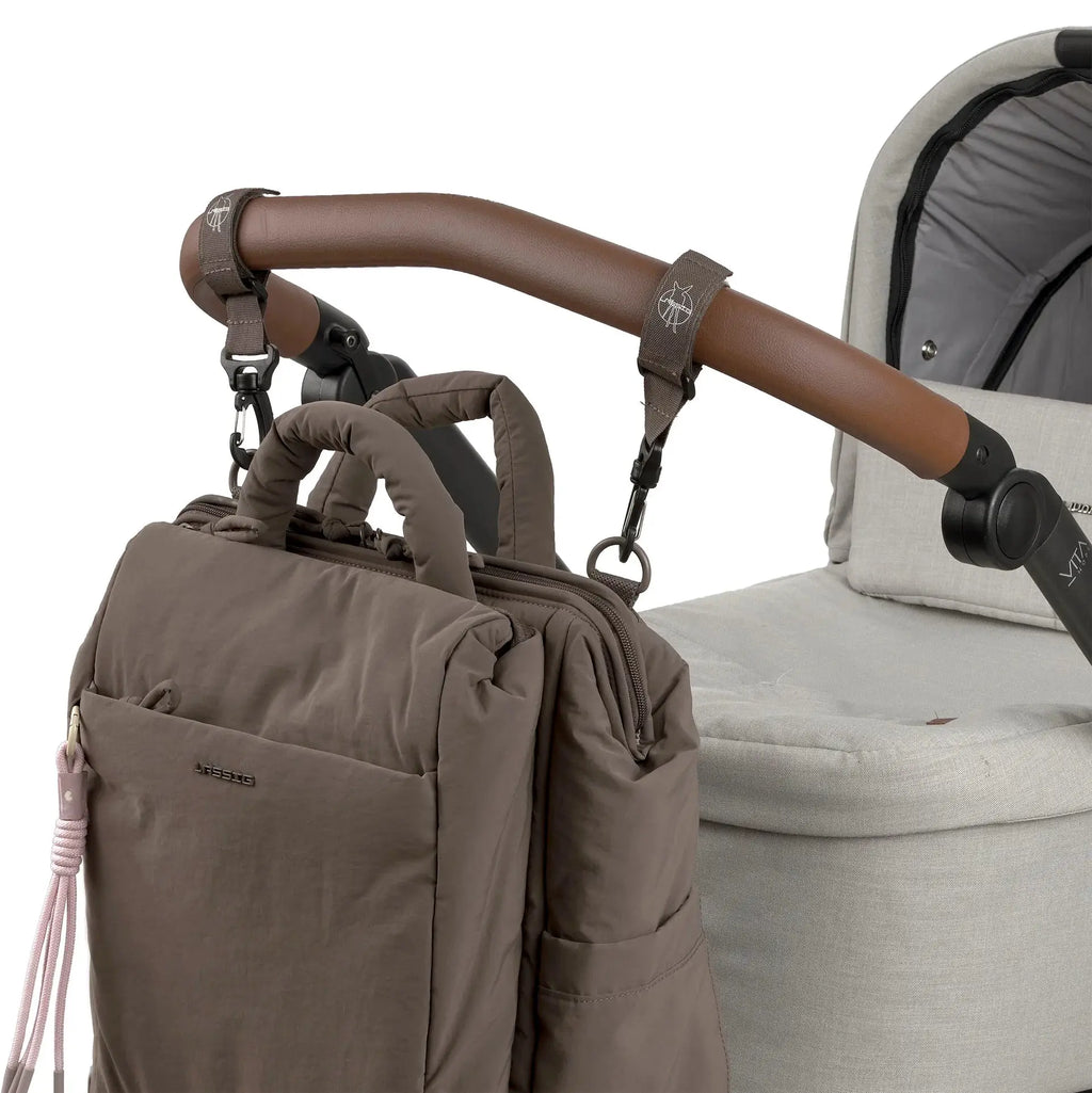 LÄSSIG minoa changing bag chocolate brown, attached to stroller with brown straps