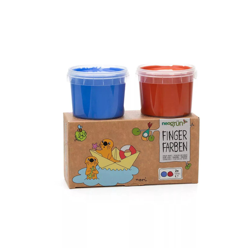 Set de peintures doigts Neogrün bleu et rouge, végan bio; deux pots sur emballage Citron Grenadine