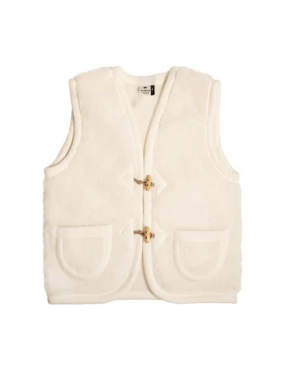 Gilet ALWERO en laine Alpen naturel, sans manches, Citron Grenadine; fermeture à toggle en bois et poches frontales.