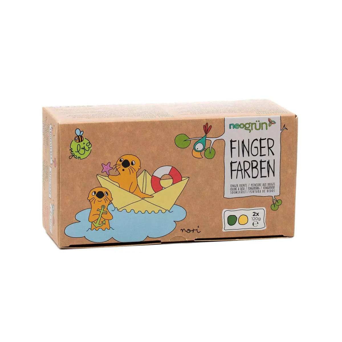 NEOGRÜN peinture végane bio à doigts set nori; boîte kraft illustrée de créatures marines et logo NEOGRÜN.