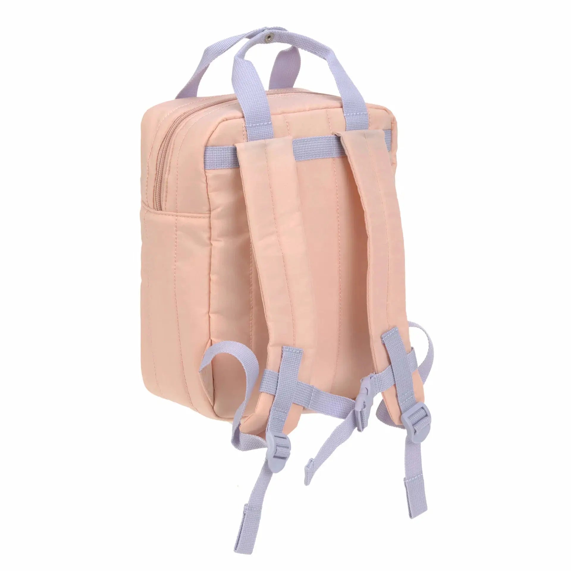 LÄSSIG sac-à-dos mini square backpack in peach with lavender straps and top handles.