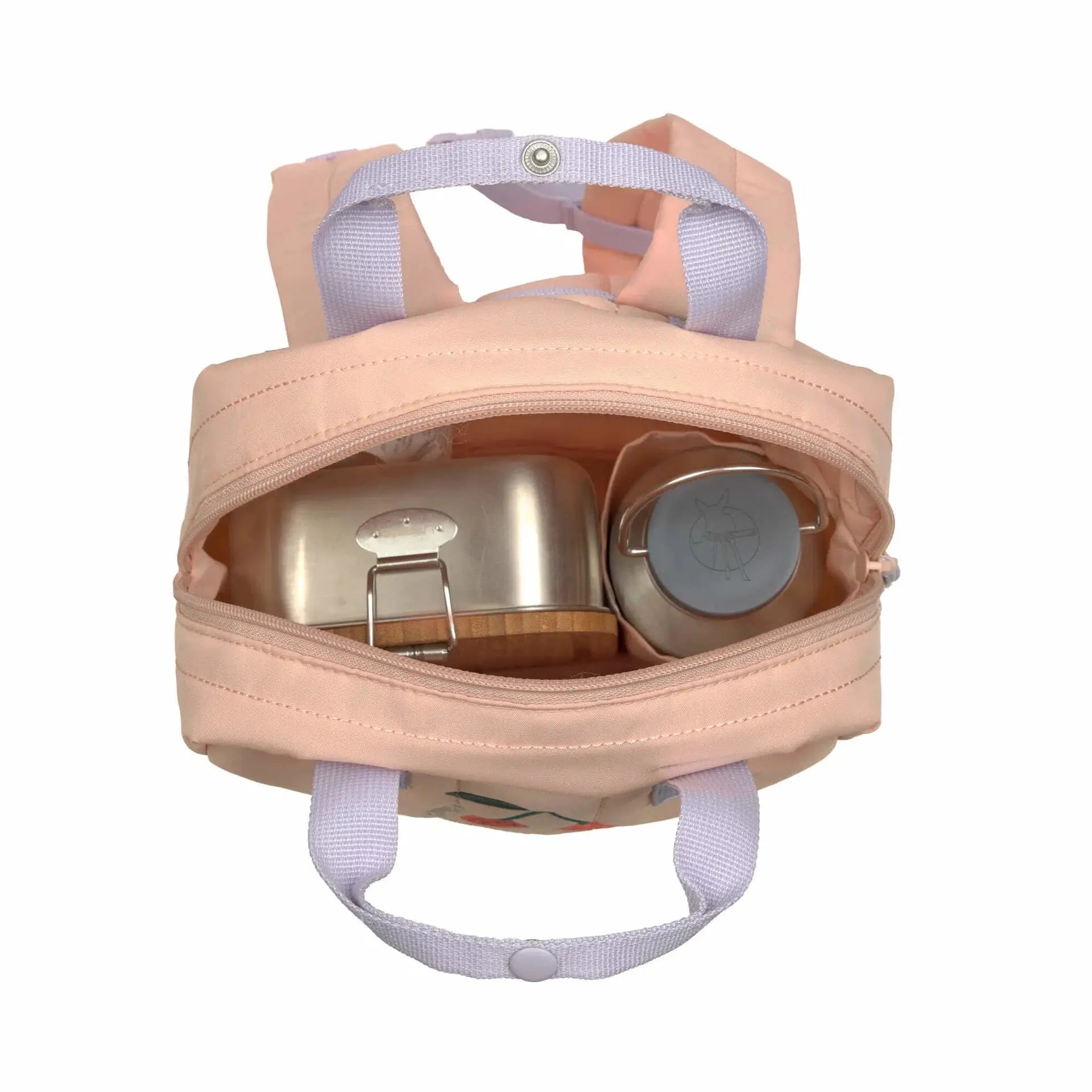 LÄSSIG sac-à-dos mini square by Citron Grenadine; peach bag with lavender straps and two metal lunchboxes inside