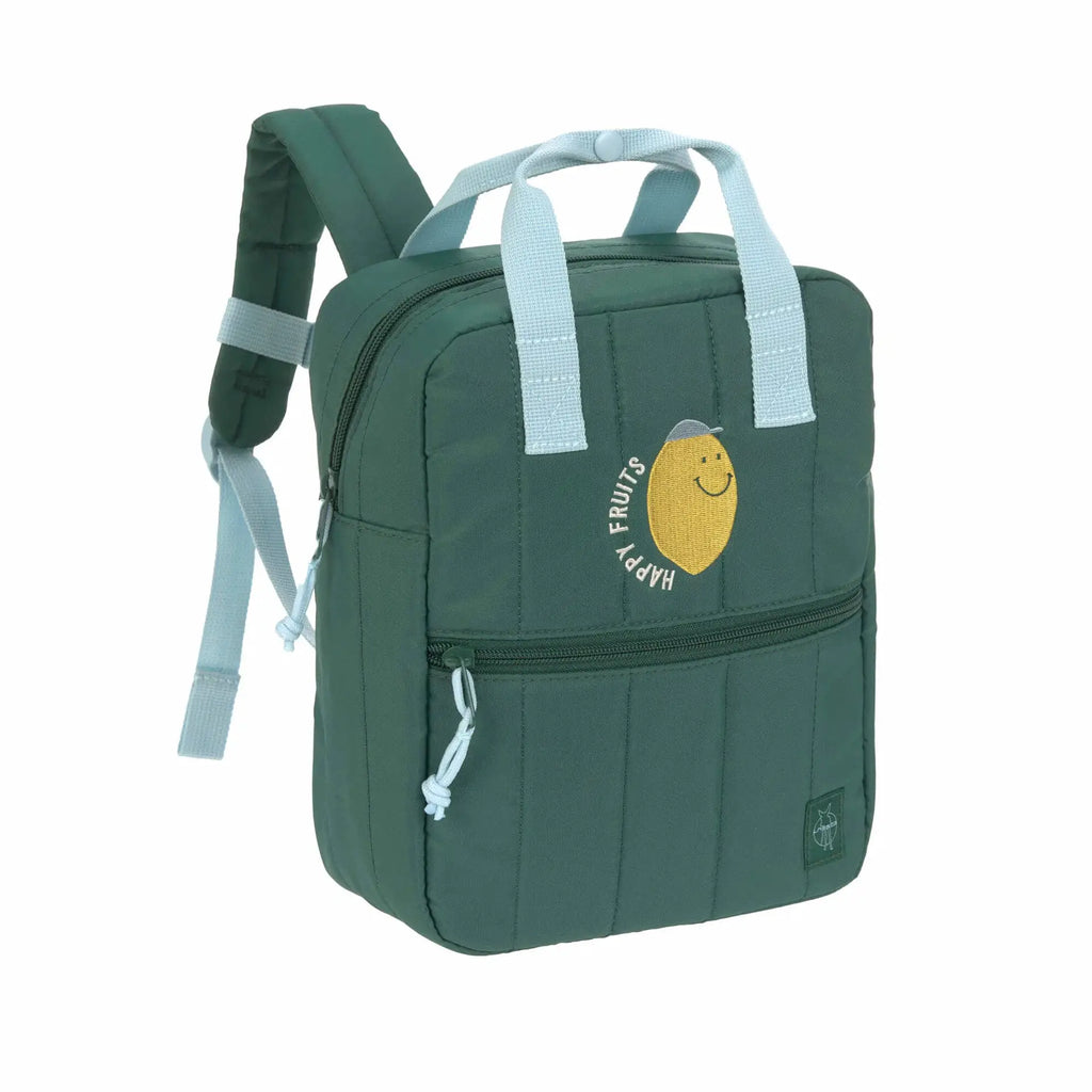 LÄSSIG mini square backpack green with light-blue straps and lemon patch