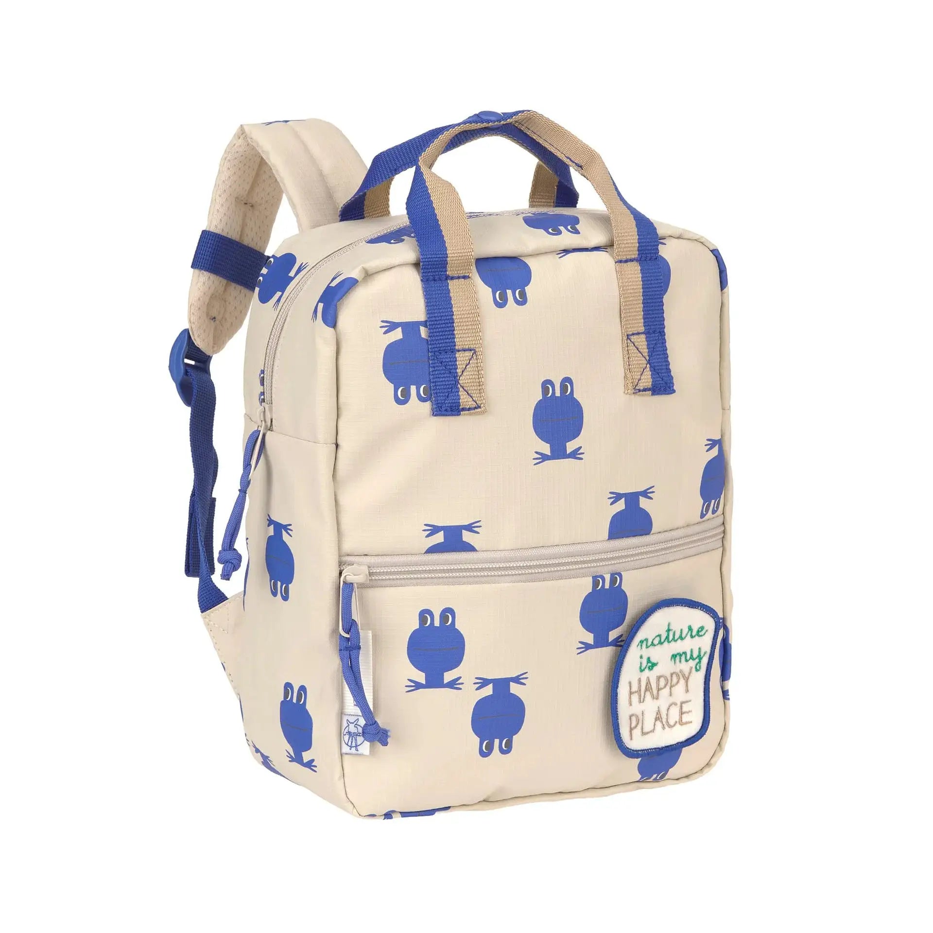 LÄSSIG sac à dos mini square beige with blue frog print and blue straps