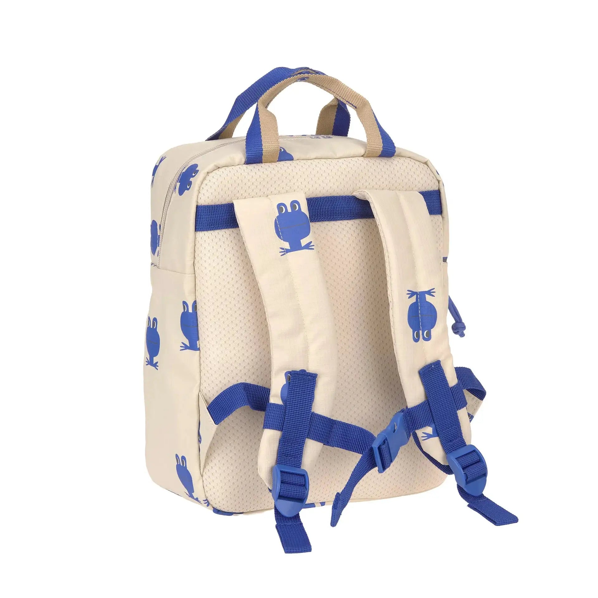 LÄSSIG sac-à-dos mini square backpack with blue frog print on beige fabric, Citron Grenadine