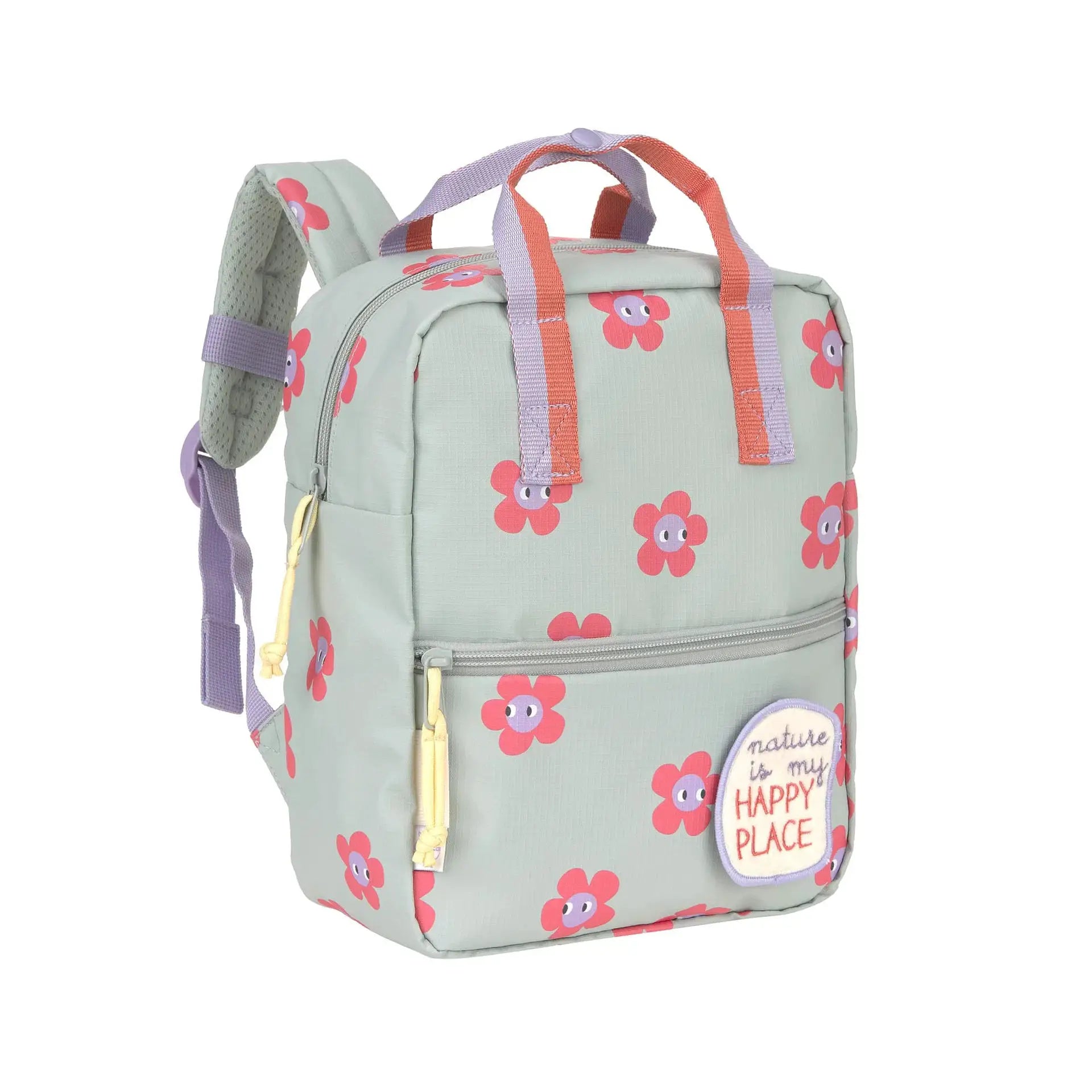 LÄSSIG mini square school backpack in mint with pink flower print; lavender and coral straps, front zip pocket.