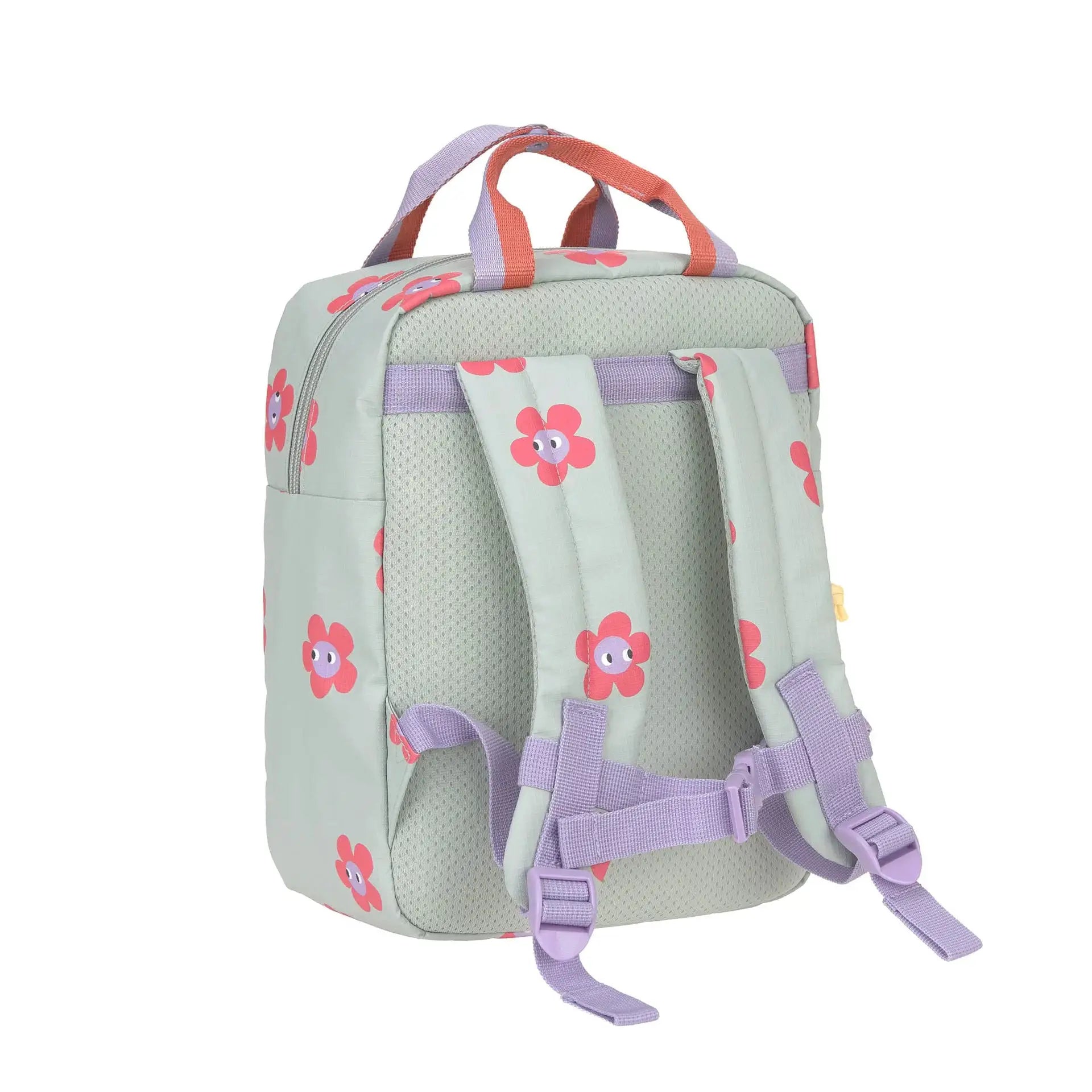 LÄSSIG sac-à-dos mini square, Citron Grenadine, mint-gray school backpack with pink flower prints and lavender straps