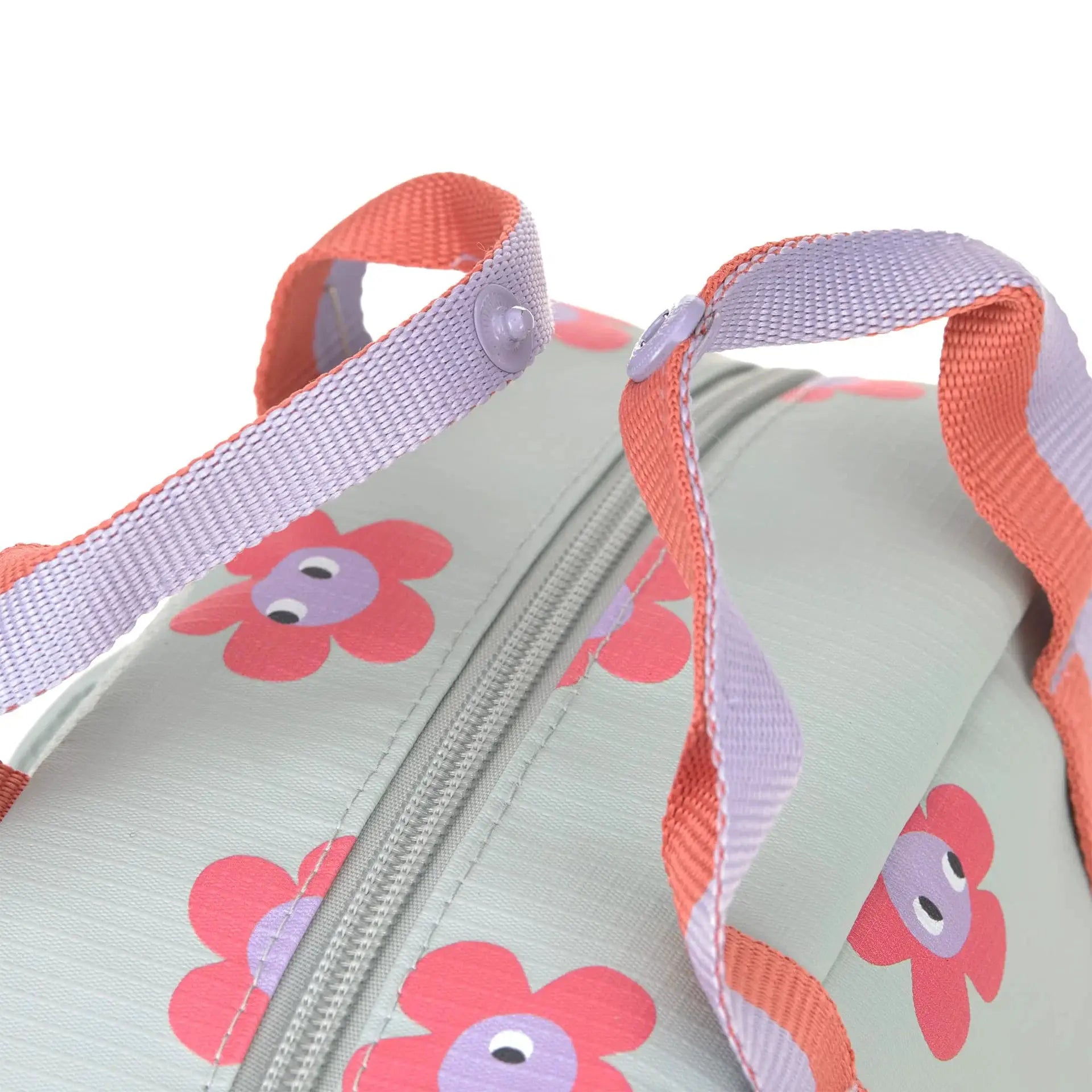 LÄSSIG mini square sac-à-dos backpack with lavender straps and coral trim, flower print