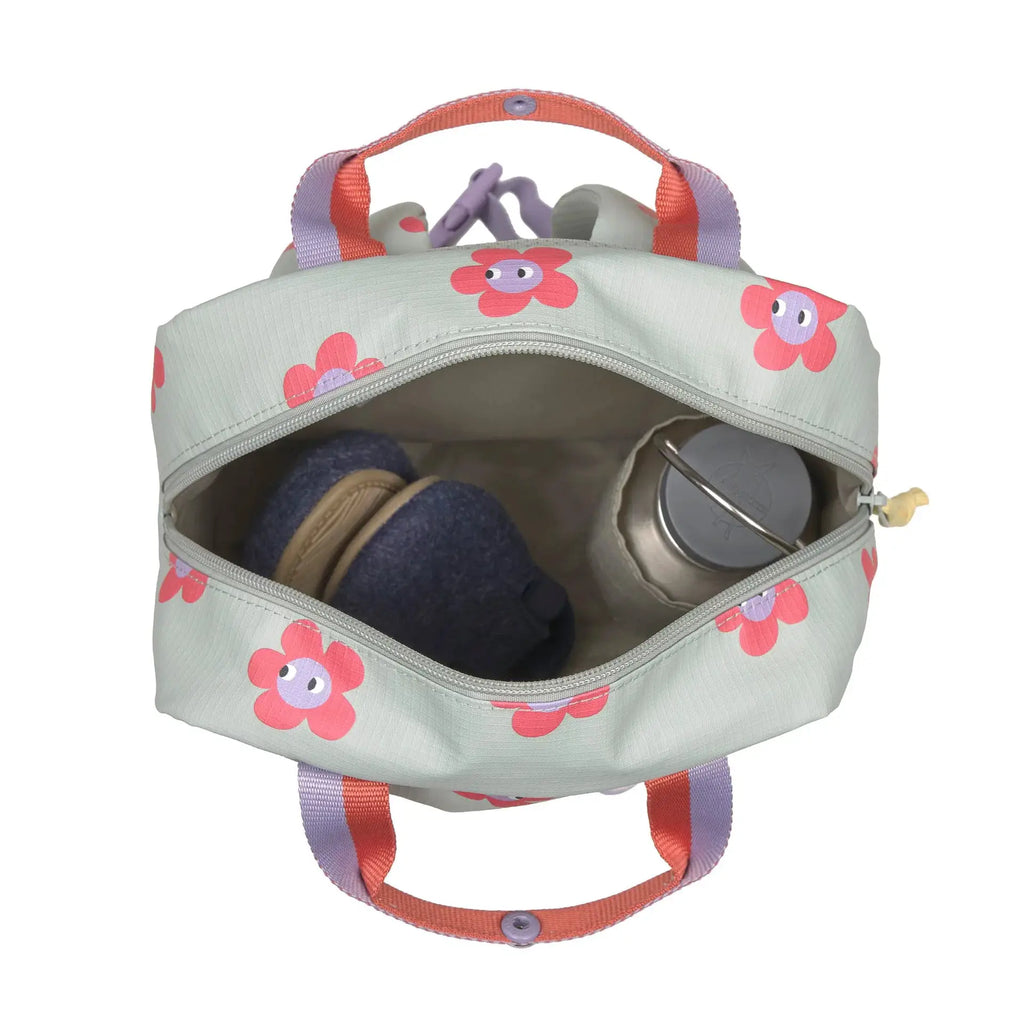 LÄSSIG sac-à-dos mini square Happy Trails flower backpack, mint with pink floral pattern and purple straps