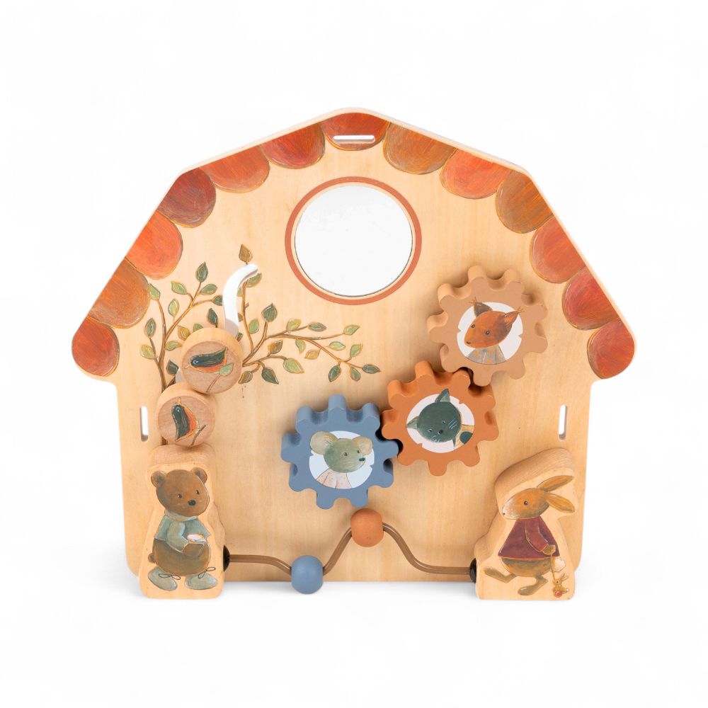 Tableau d'activités en bois EGMONT TOYS 10m+, Citron Grenadine, jouet d'éveil pour bébé avec engrenages colorés.