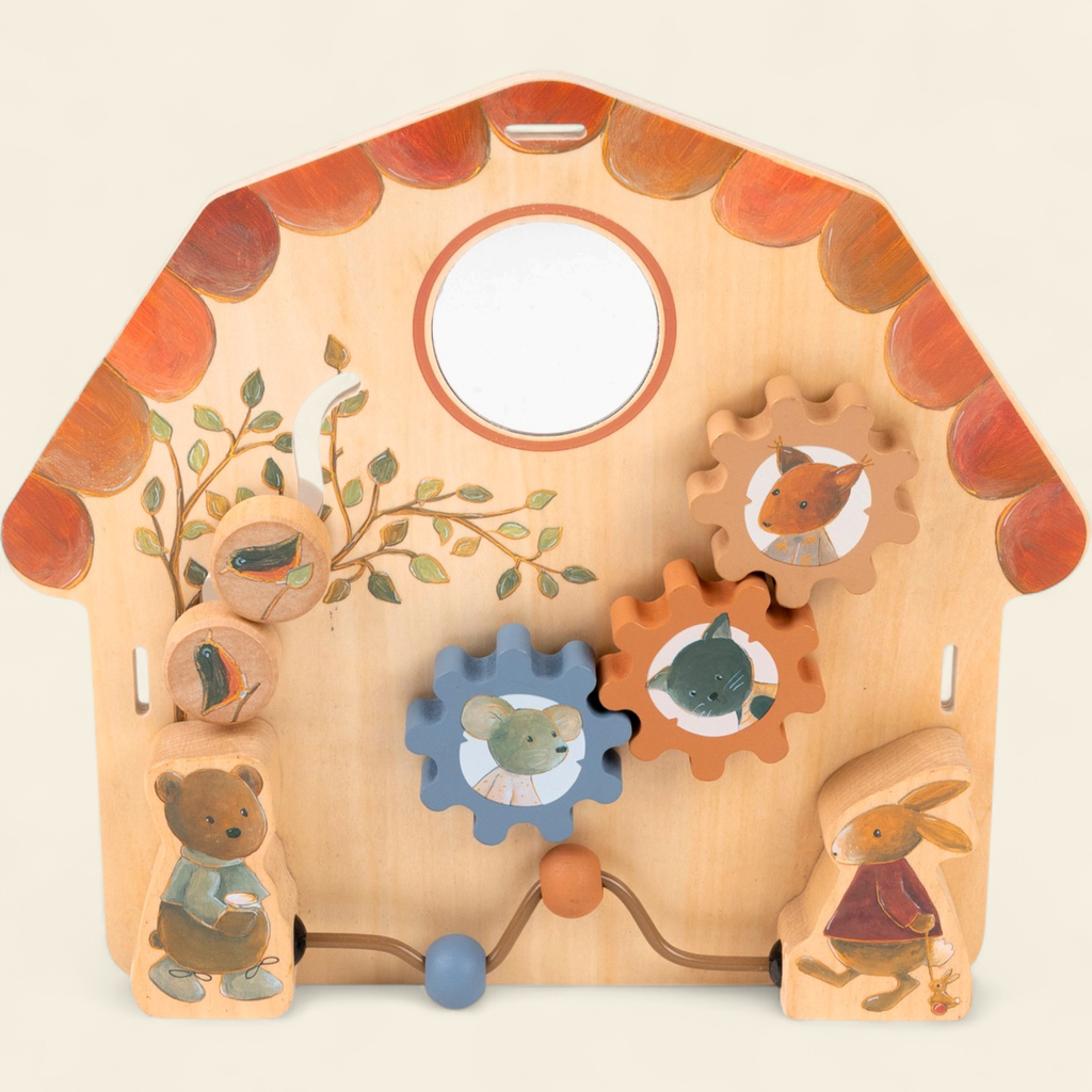 Tableau d’activités en bois 10m+ Egmont Toys par Citron Grenadine, jeu d’éveil bébé avec engrenages colorés