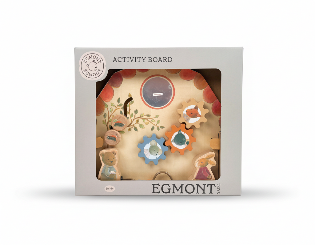 EGMONT TOYS activity board for babies 10m+, Citron Grenadine; gray box with wooden gears and animal cutouts