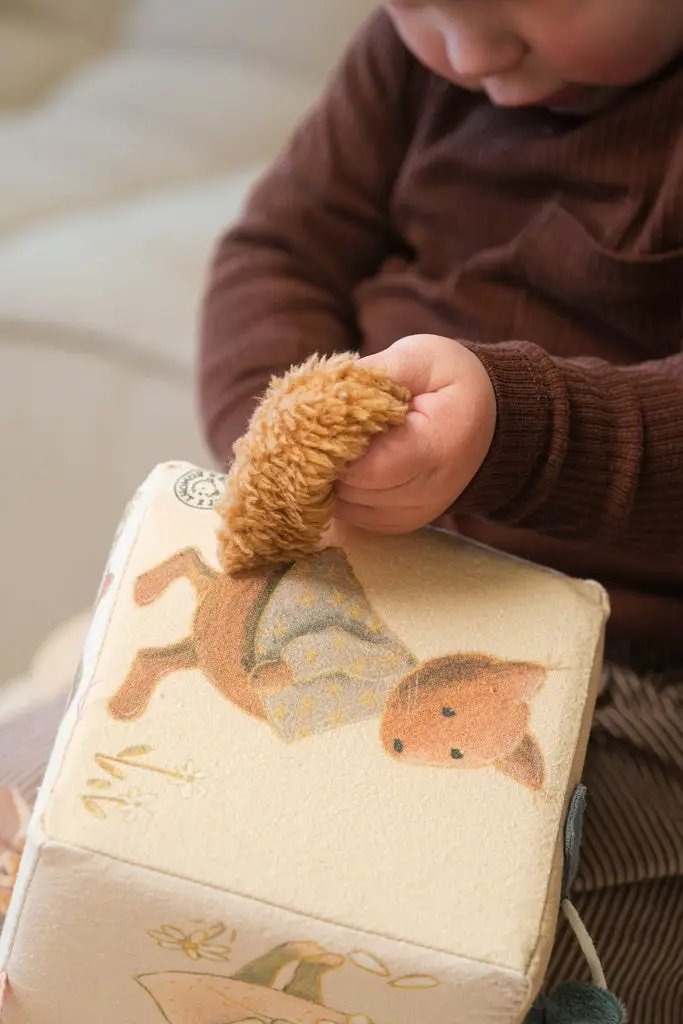 Cube d'activités pour bébé Egmont Toys, crème avec poignée peluche marron et motif animal.