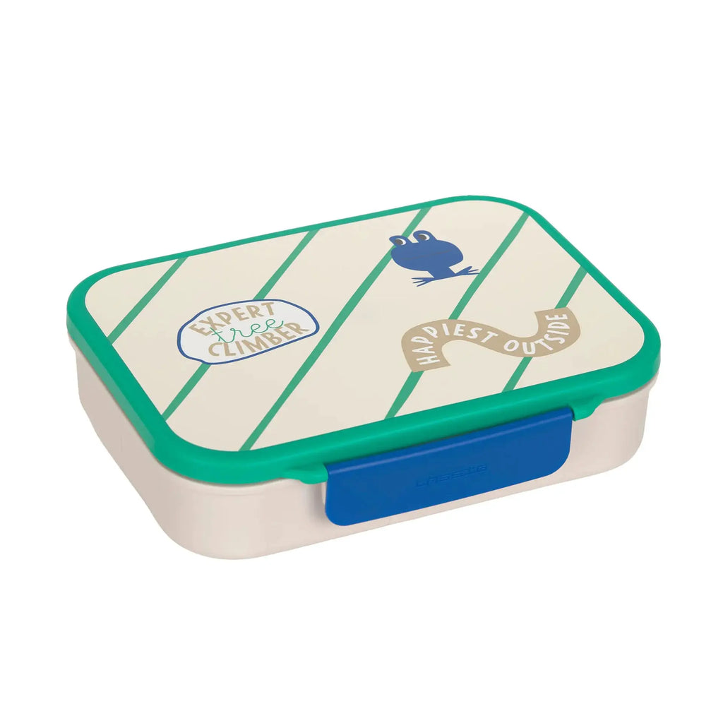 LÄSSIG bento lunchbox frog design with green striped lid and blue latch
