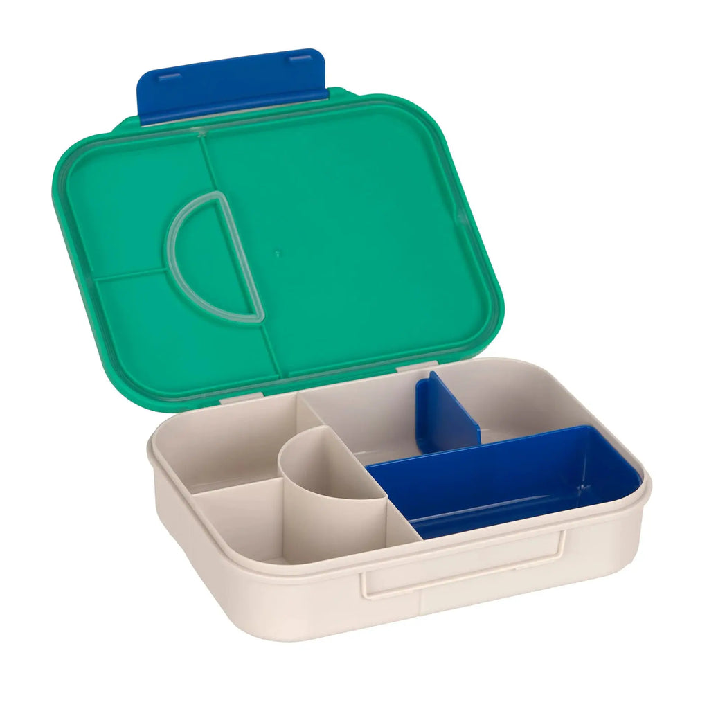 LÄSSIG bento lunchbox green lid, blue latch, beige base with multi-compartment interior