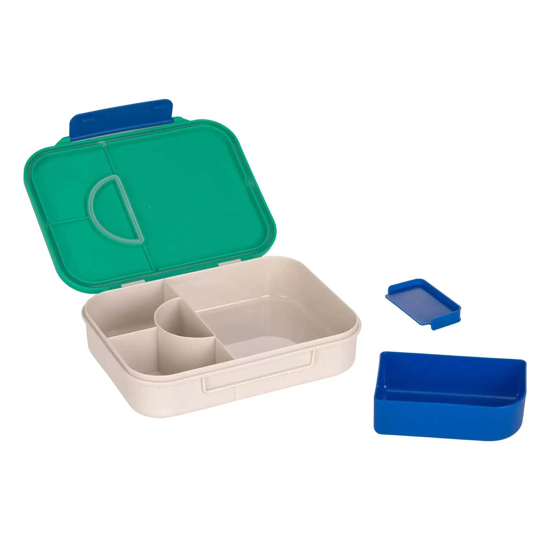 LÄSSIG bento lunchbox happy trails frog multi-piece set with green lid, beige base and blue clasps