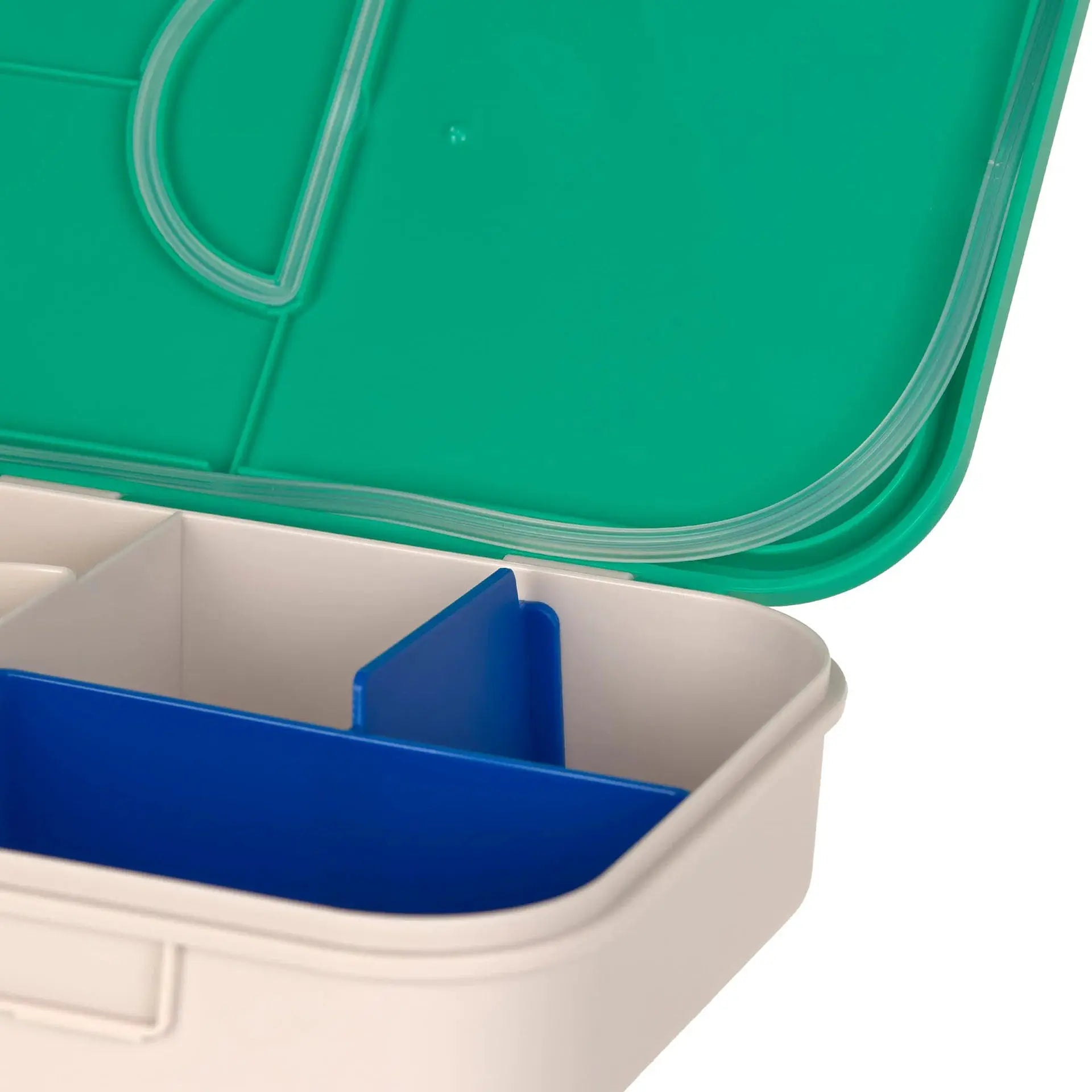 LÄSSIG bento lunchbox with green lid and blue interior compartments.