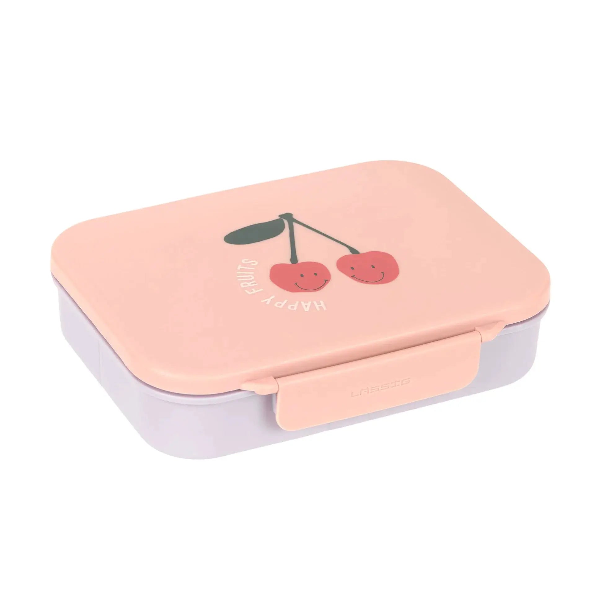 LÄSSIG bento lunchbox, happy fruits cherry design on pastel pink lid