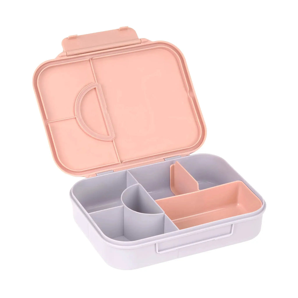LÄSSIG bento lunchbox with pink lid and gray divided interior, happy fruits cherry design