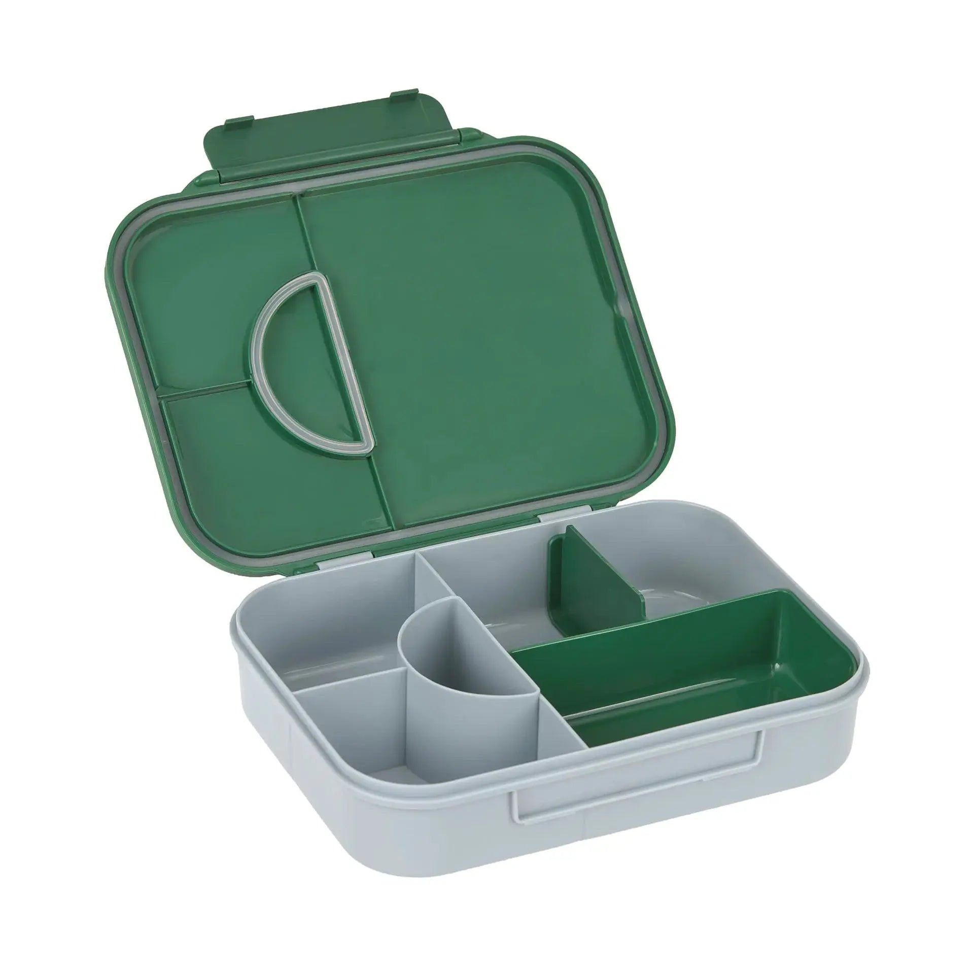 LÄSSIG bento lunchbox with green lid, open to reveal divided grey interior compartments