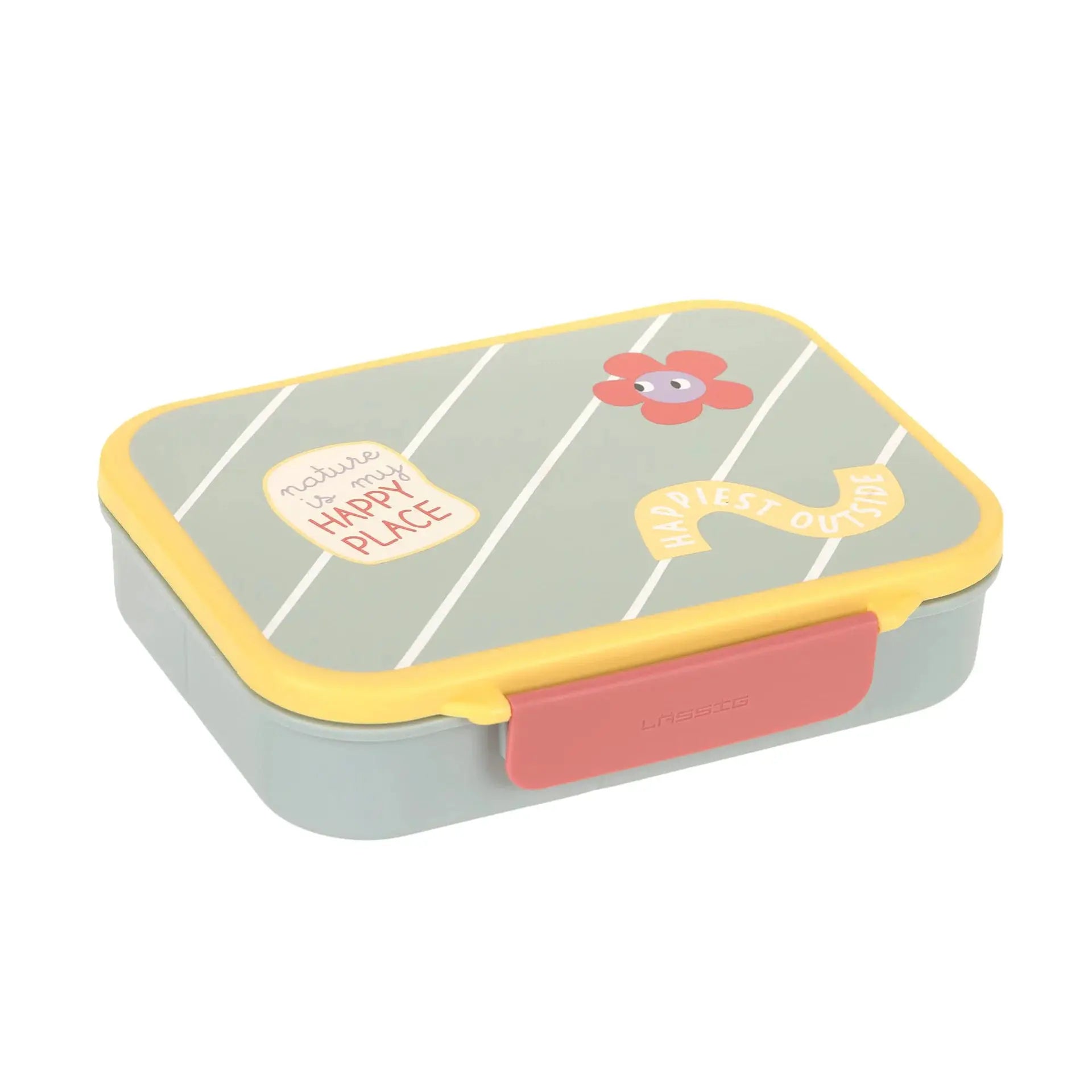 LÄSSIG bento lunchbox happy trails / flower; pastel grey with yellow rim and pink latch, flower motif on lid.