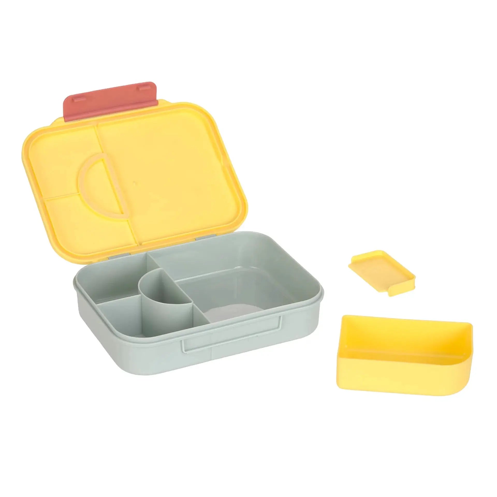 LÄSSIG bento lunchbox Happy Trails/Flower with yellow lid and gray base with internal dividers.