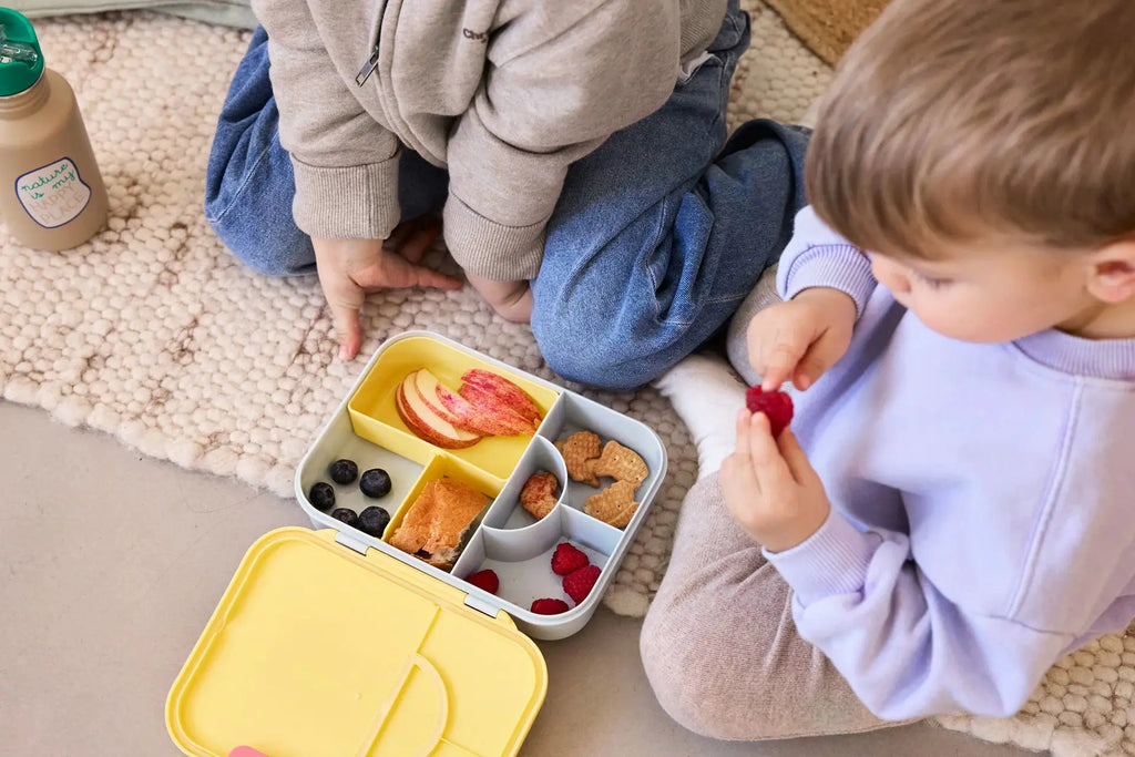 LÄSSIG bento lunchbox in yellow with divided compartments, filled with apple slices, blueberries, crackers and raspberries