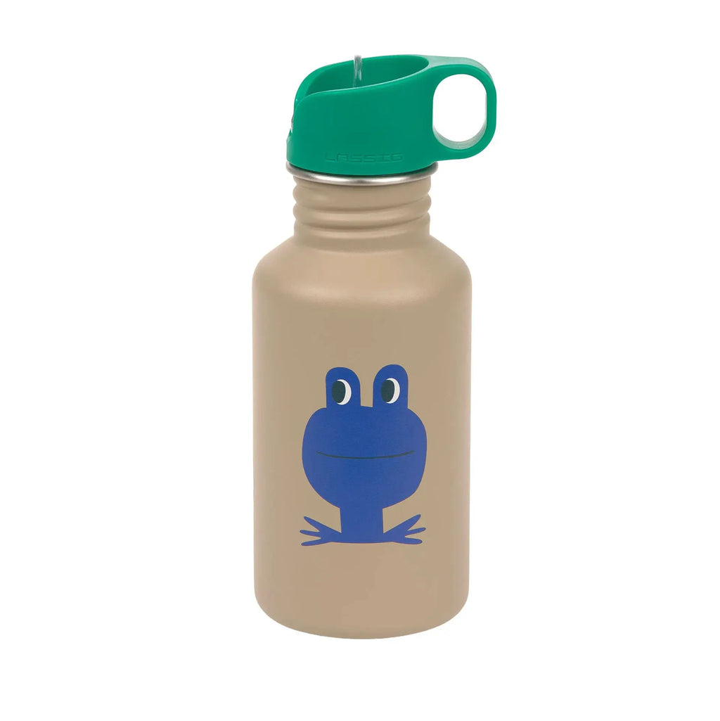 LÄSSIG 350ml gourde with green cap and blue frog illustration on beige bottle
