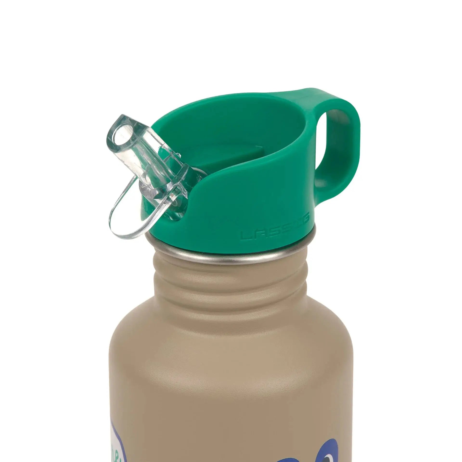 Gourde LÄSSIG 350ml Happy Trails frog; cap vert et corps beige, logo LÄSSIG visible