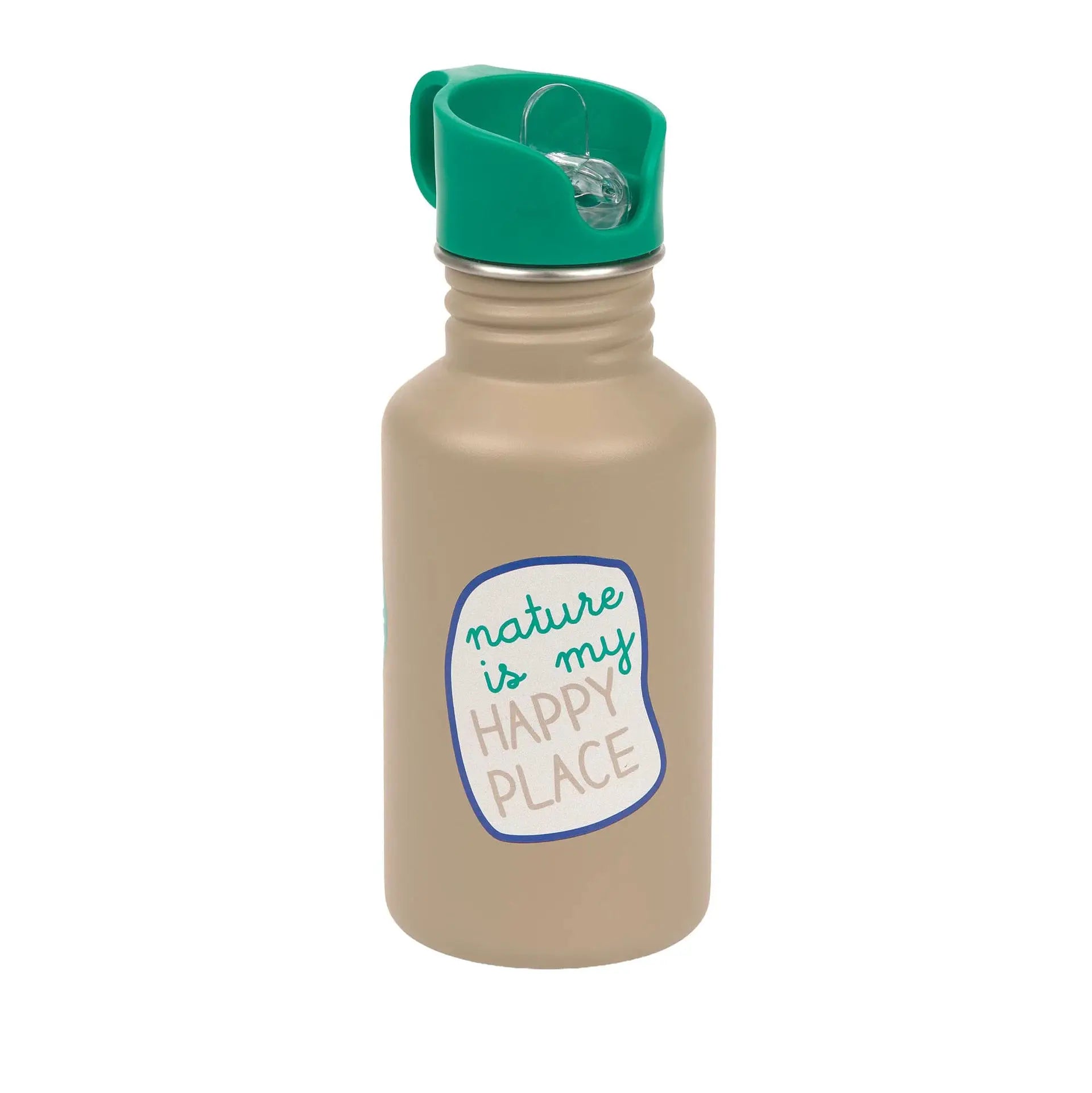 LÄSSIG gourde 350ml water bottle with green flip-top cap and Nature is my happy place label