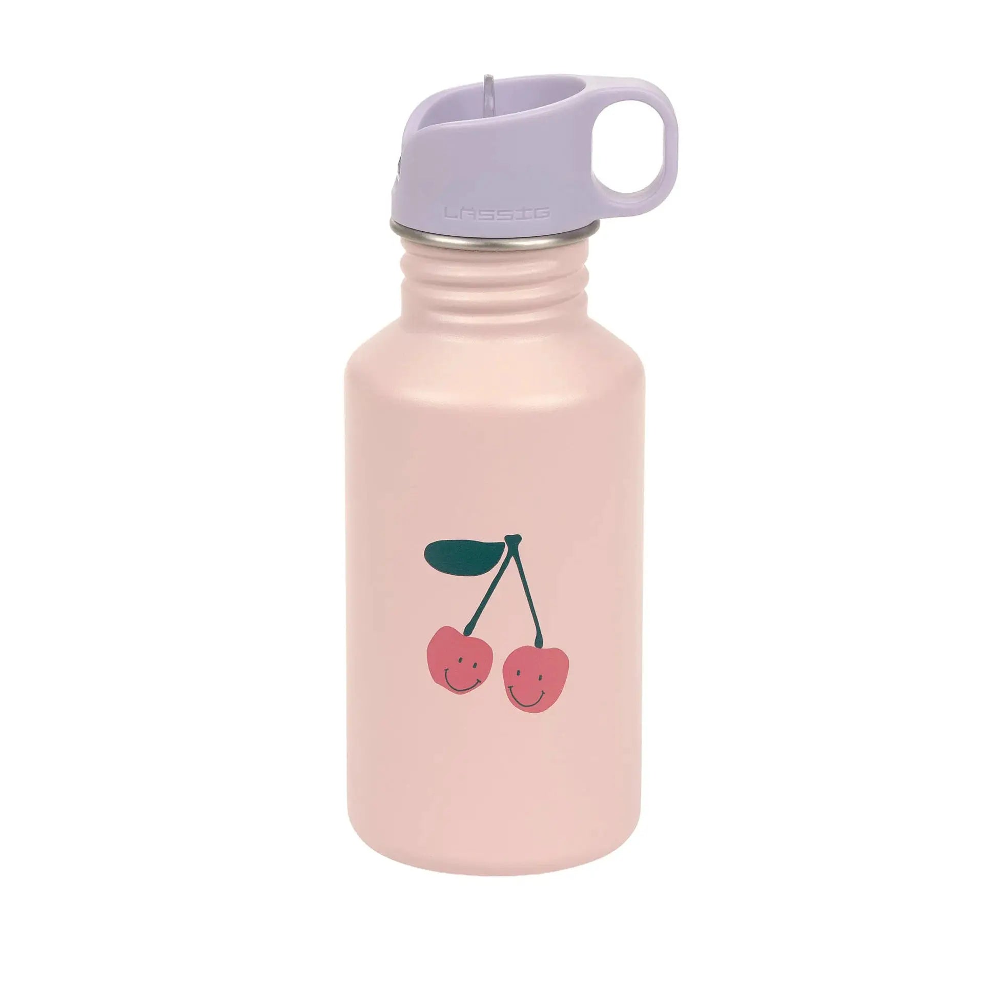 LÄSSIG gourde 500ml pink bottle with lilac cap and cherry motif