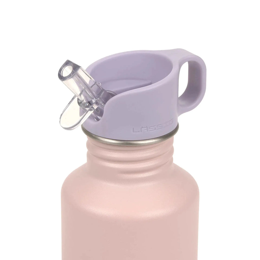 LÄSSIG 500ml gourde water bottle with lavender lid and pink body, clear spout