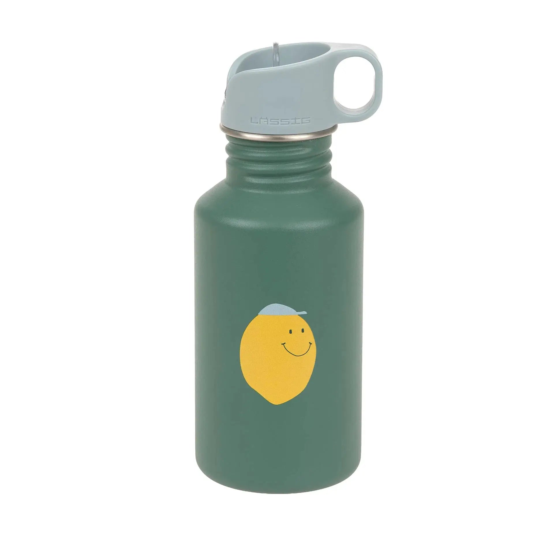 LÄSSIG 500ml water bottle with green body, light-blue cap, and yellow lemon smiley graphic