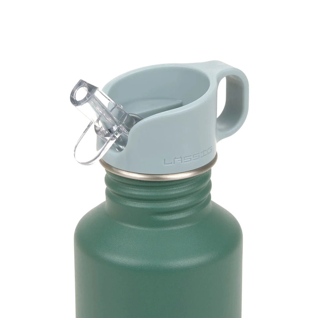 LÄSSIG 500ml gourde with blue cap and clear spout on green bottle