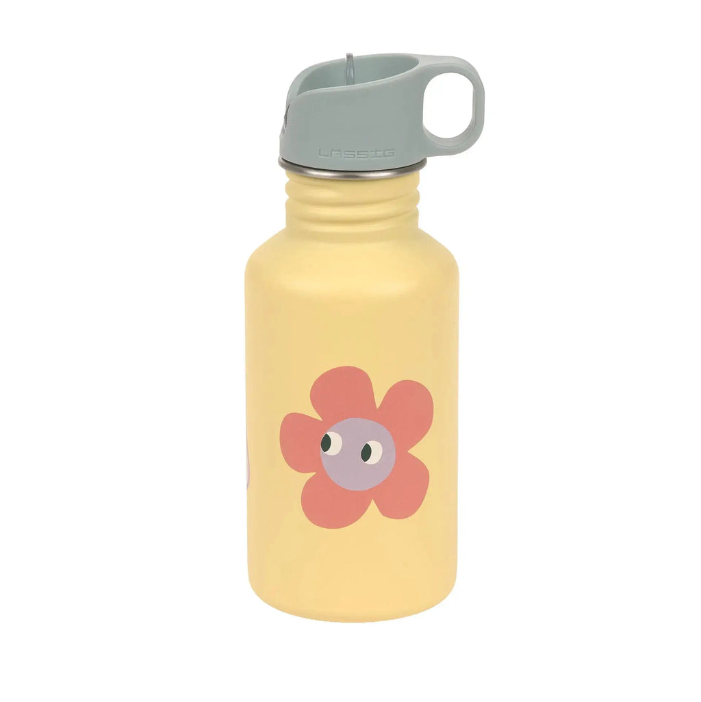 LÄSSIG gourde 500ml pastel yellow bottle with pink flower print and gray lid