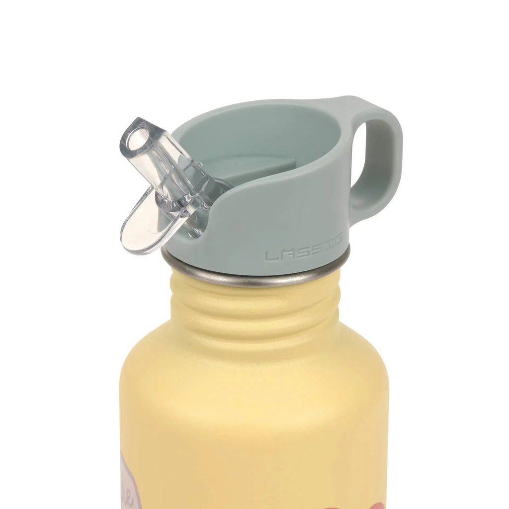 LÄSSIG gourde 500ml with grey lid and clear spout; beige bottle with flower pattern