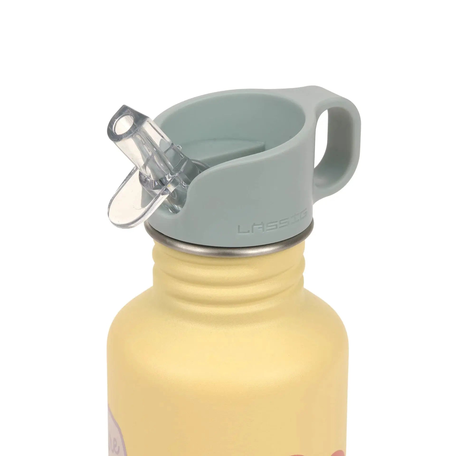 LÄSSIG gourde 500ml with grey lid and clear spout; beige bottle with flower pattern