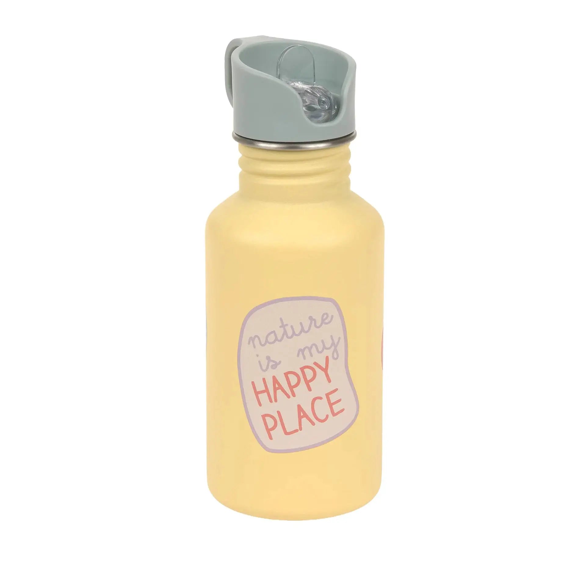 LÄSSIG gourde 500ml bottle with pale yellow body, gray flip-top lid and nature is my happy place sticker.