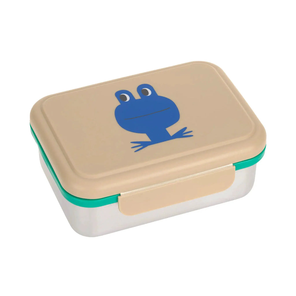 LÄSSIG lunchbox with blue frog illustration; beige lid, green base